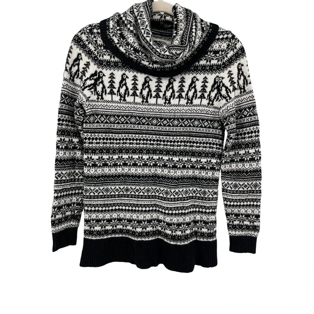 LOFT Fair Isle Penguin Tree Print Cowl Neck Sweater wool mix Small Black White s